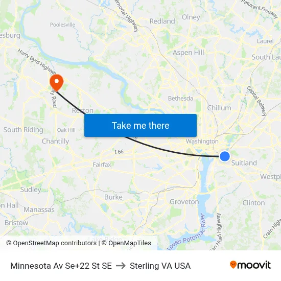 Minnesota Av Se+22 St SE to Sterling VA USA map