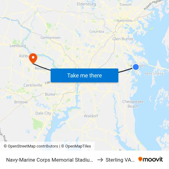 Navy-Marine Corps Memorial Stadium (Stop 1) to Sterling VA USA map