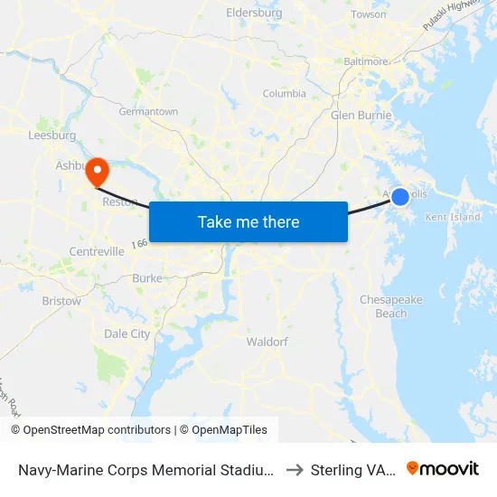 Navy-Marine Corps Memorial Stadium (Stop 3) to Sterling VA USA map
