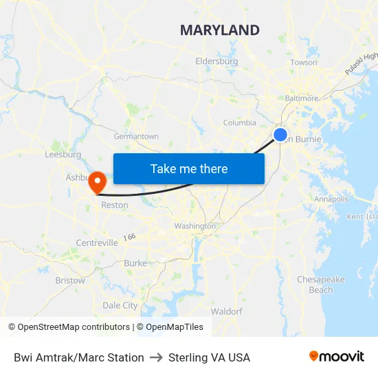 Bwi Amtrak/Marc Station to Sterling VA USA map