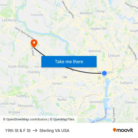 19th St & F St to Sterling VA USA map