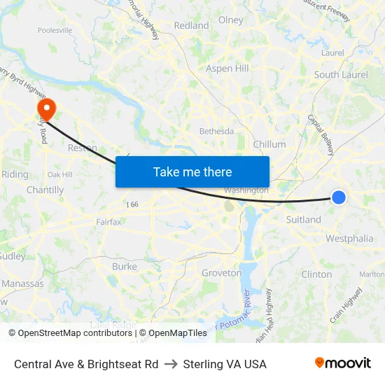 Central Ave & Brightseat Rd to Sterling VA USA map