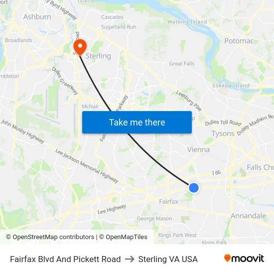 Fairfax Blvd And Pickett Road to Sterling VA USA map