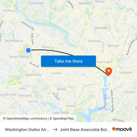 Washington Dulles Airport to Joint Base Anacostia Bolling map