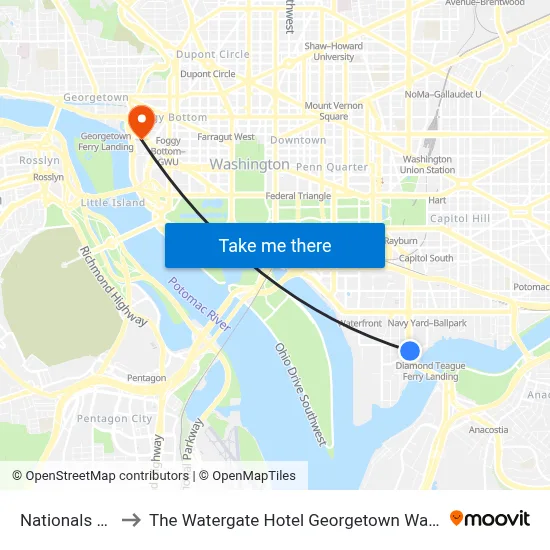 Nationals Park to The Watergate Hotel Georgetown Washington map