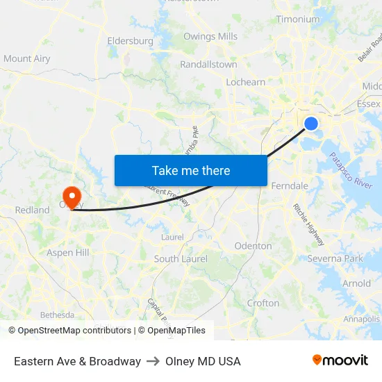 Eastern Ave & Broadway to Olney MD USA map