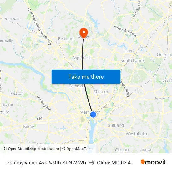 Pennsylvania Ave & 9th St NW Wb to Olney MD USA map