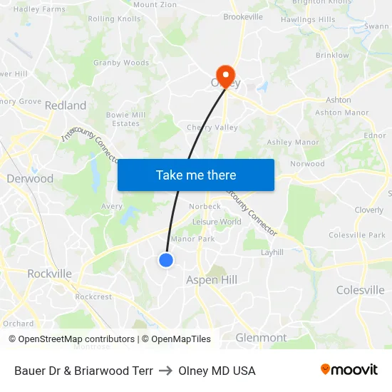 Bauer Dr & Briarwood Terr to Olney MD USA map