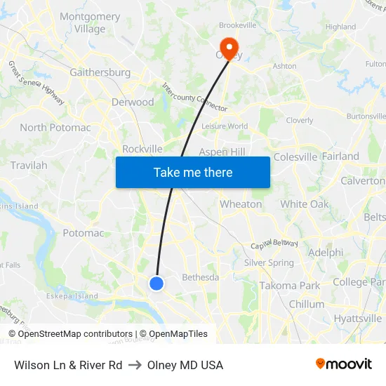 Wilson Ln & River Rd to Olney MD USA map