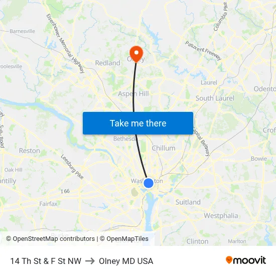 14 Th St & F St NW to Olney MD USA map
