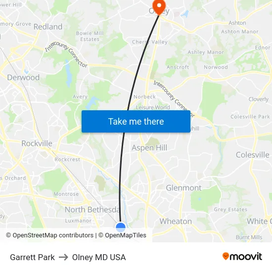 Garrett Park to Olney MD USA map