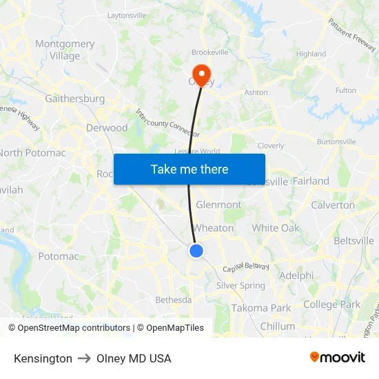 Kensington to Olney MD USA map