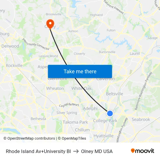Rhode Island Av+University Bl to Olney MD USA map