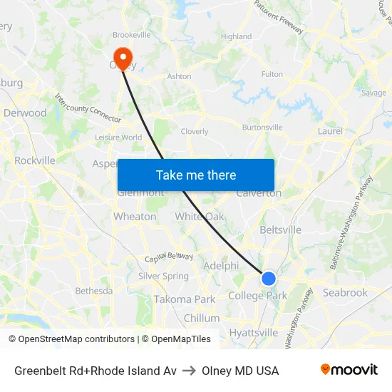 Greenbelt Rd+Rhode Island Av to Olney MD USA map