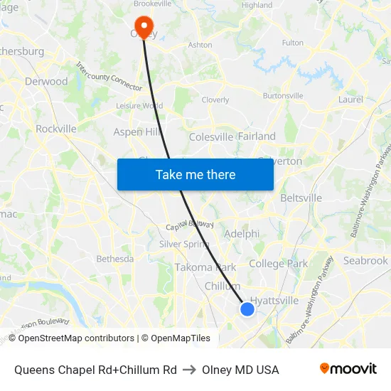 Queens Chapel Rd+Chillum Rd to Olney MD USA map