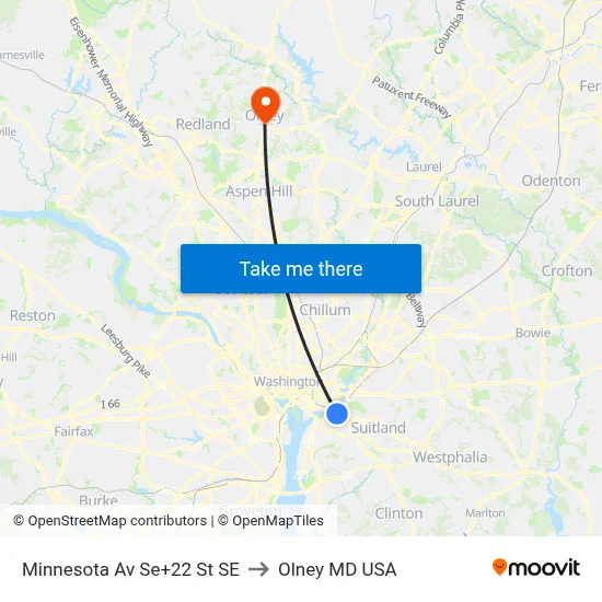 Minnesota Av Se+22 St SE to Olney MD USA map