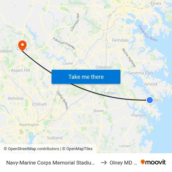 Navy-Marine Corps Memorial Stadium (Stop 3) to Olney MD USA map