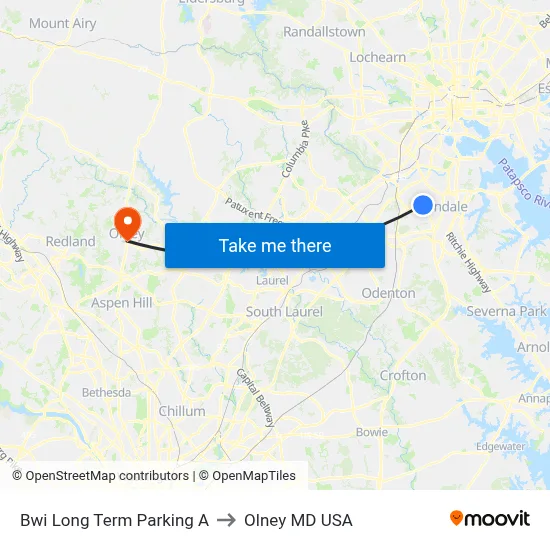Bwi Long Term Parking A to Olney MD USA map
