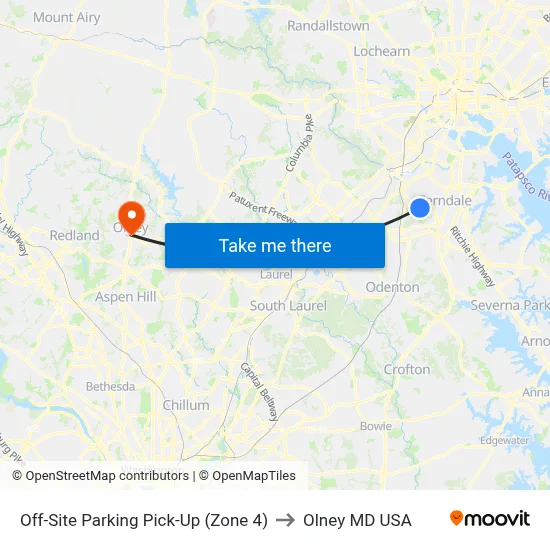 Off-Site Parking Pick-Up (Zone 4) to Olney MD USA map