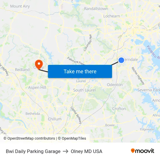 Bwi Daily Parking Garage to Olney MD USA map