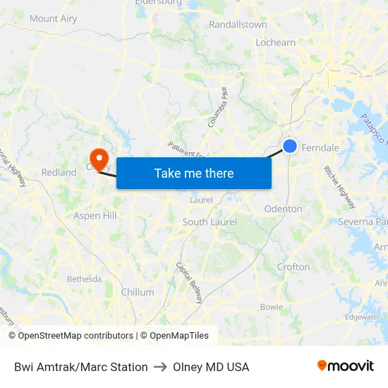 Bwi Amtrak/Marc Station to Olney MD USA map