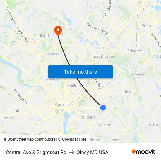 Central Ave & Brightseat Rd to Olney MD USA map