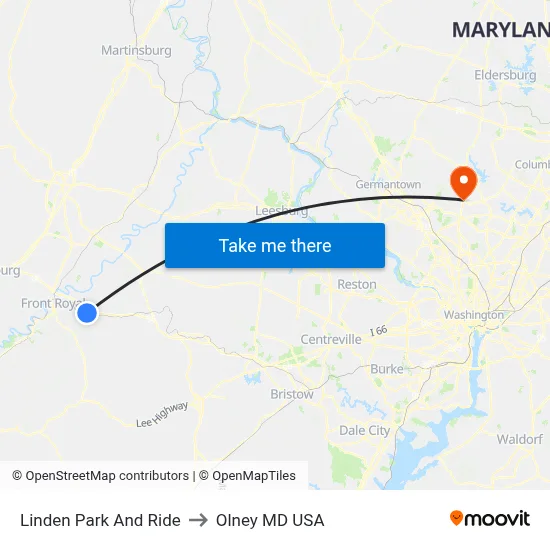 Linden Park And Ride to Olney MD USA map