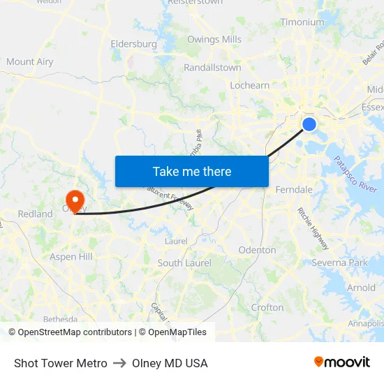 Shot Tower Metro to Olney MD USA map