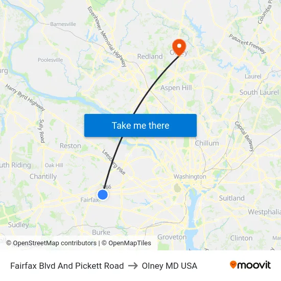 Fairfax Blvd And Pickett Road to Olney MD USA map