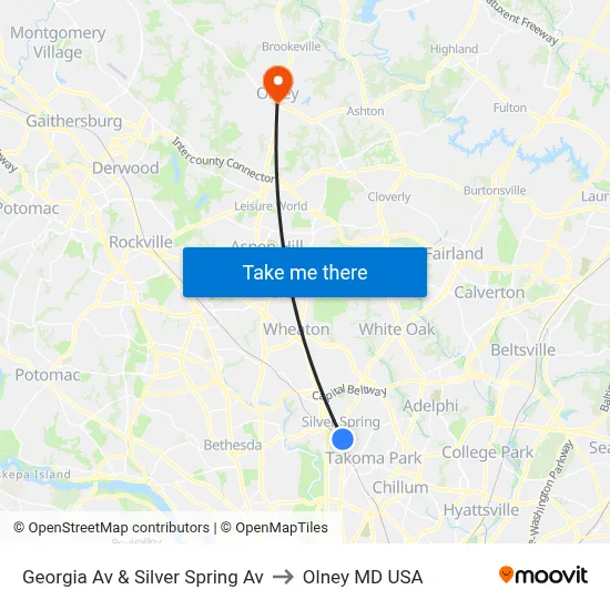 Georgia Av & Silver Spring Av to Olney MD USA map