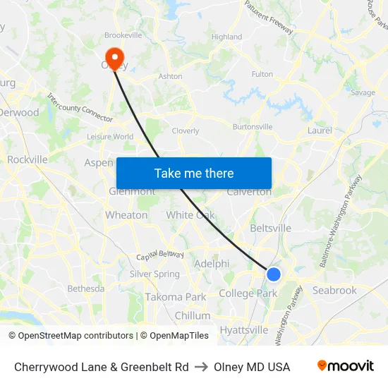 Cherrywood Lane & Greenbelt Rd to Olney MD USA map