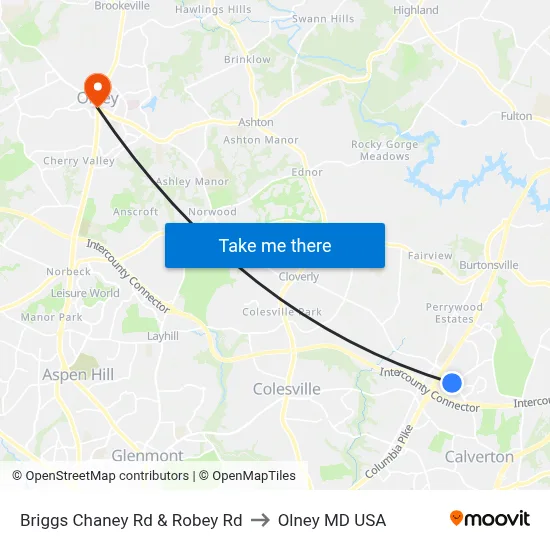 Briggs Chaney Rd & Robey Rd to Olney MD USA map