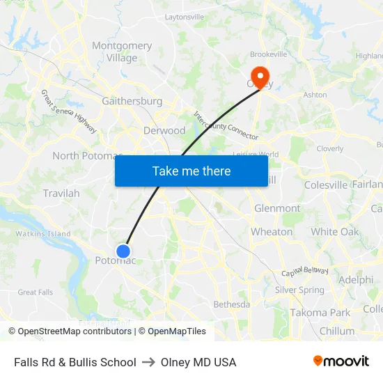 Falls Rd & Bullis School to Olney MD USA map