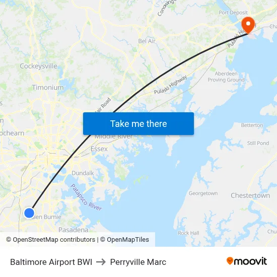 Baltimore Airport BWI to Perryville Marc map