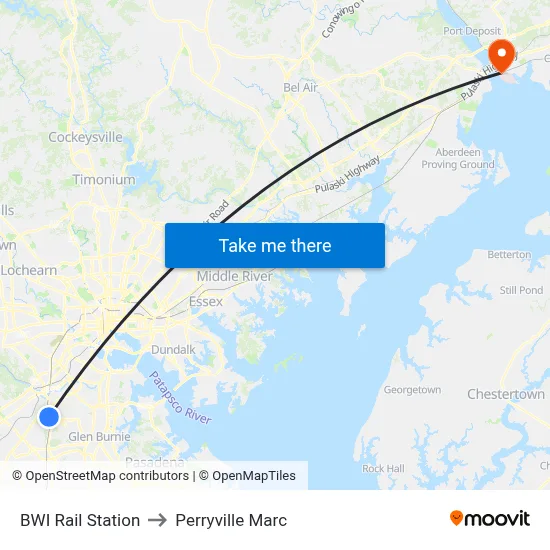 BWI Rail Station to Perryville Marc map