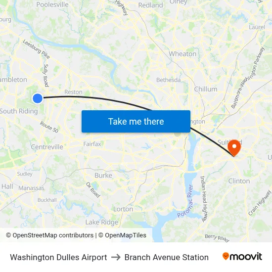 Washington Dulles Airport to Branch Avenue Station map