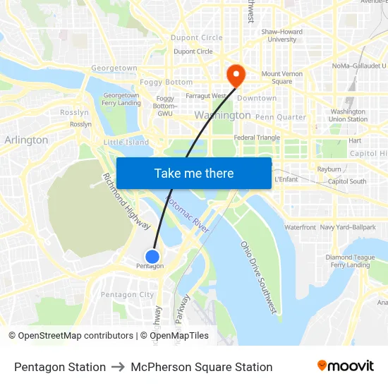 Pentagon Station to McPherson Square Station map