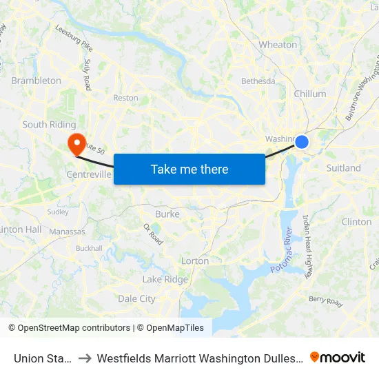 Union Station to Westfields Marriott Washington Dulles Chantilly map