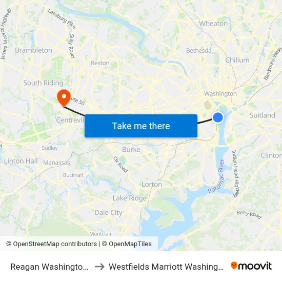 Reagan Washington Airport DCA to Westfields Marriott Washington Dulles Chantilly map