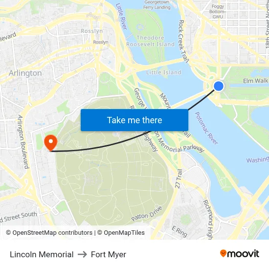 Lincoln Memorial to Fort Myer map