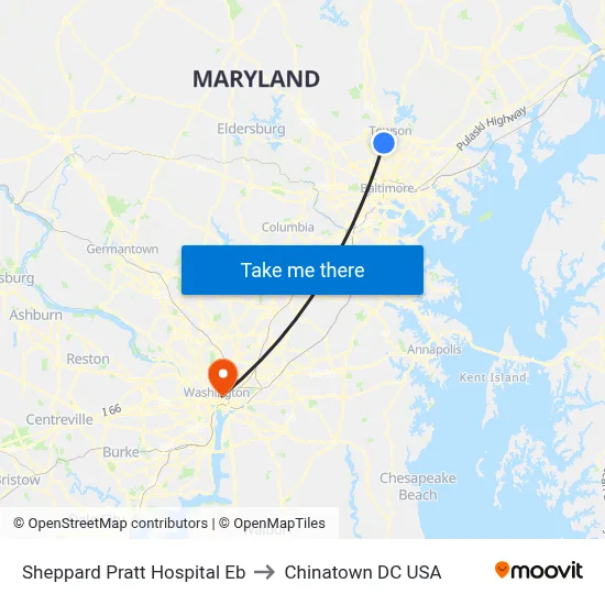 Sheppard Pratt Hospital Eb to Chinatown DC USA map