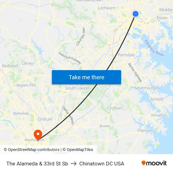 The Alameda & 33rd St Sb to Chinatown DC USA map