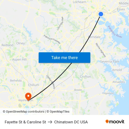 Fayette St & Caroline St to Chinatown DC USA map