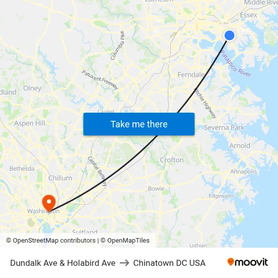 Dundalk Ave & Holabird Ave to Chinatown DC USA map