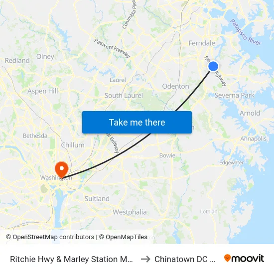 Ritchie Hwy & Marley Station Mall Sb to Chinatown DC USA map