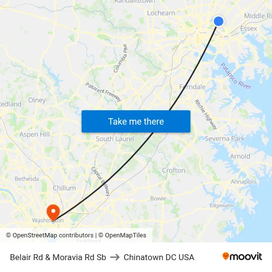 Belair Rd & Moravia Rd Sb to Chinatown DC USA map