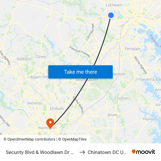 Security Blvd & Woodlawn Dr Wb to Chinatown DC USA map