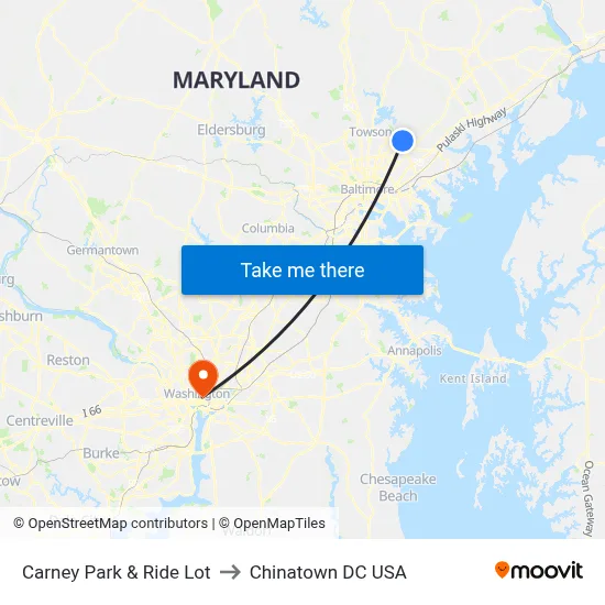 Carney Park & Ride Lot to Chinatown DC USA map