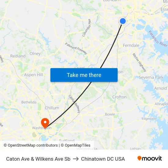 Caton Ave & Wilkens Ave Sb to Chinatown DC USA map