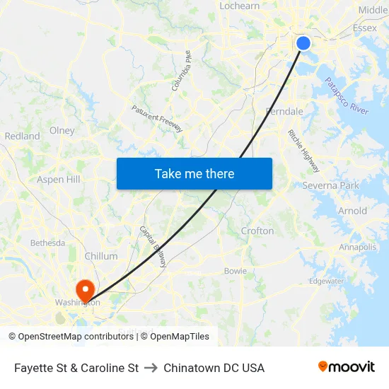 Fayette St & Caroline St to Chinatown DC USA map